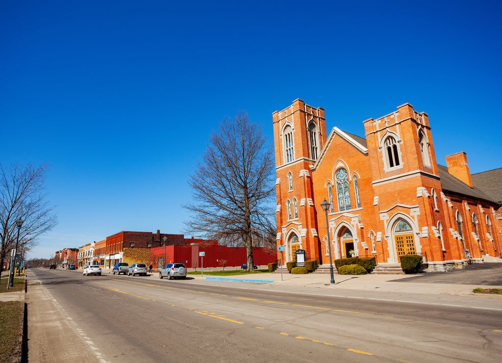 Westfield, town in the western part Chautauqua County East Main street US 20 and United Methodist Church, New York
