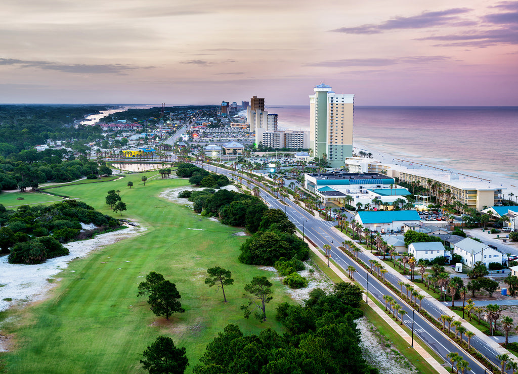 Panama City Beach, Florida, view of Front Beach Road at sunrise