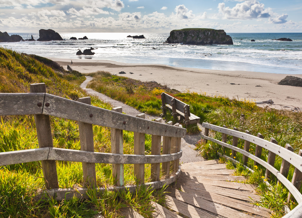 Wooden staircase leading to Bandon Beach, Oregon, USA