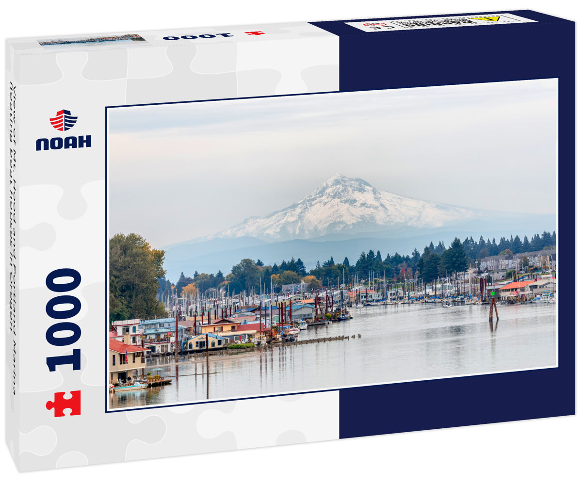 View of Mt. Hood and Portland Marina floating boat houses in Oregon