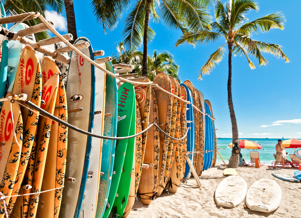 Surfboards in the rack at Waikiki Beach - Honolulu, Hawaii