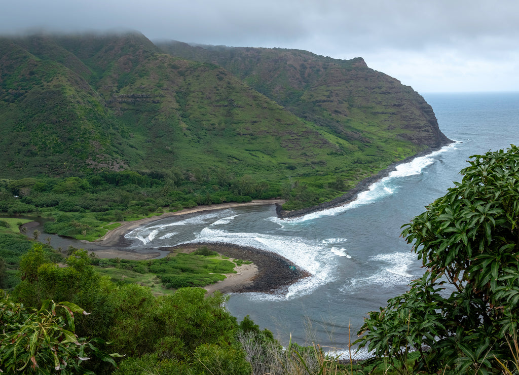 Scenic overlook of Halawa Valley on the east side of Molokai, Hawaii