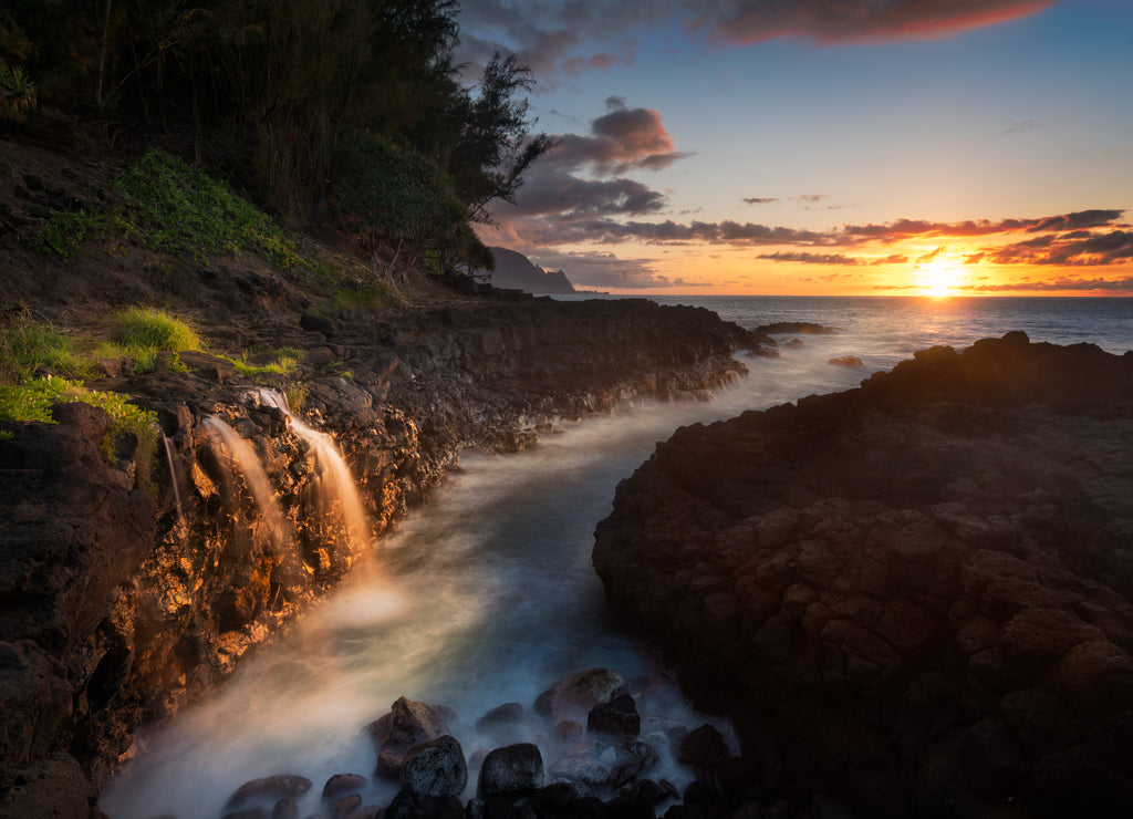 Waterfall near Queens Bath in Princeville Kauai
