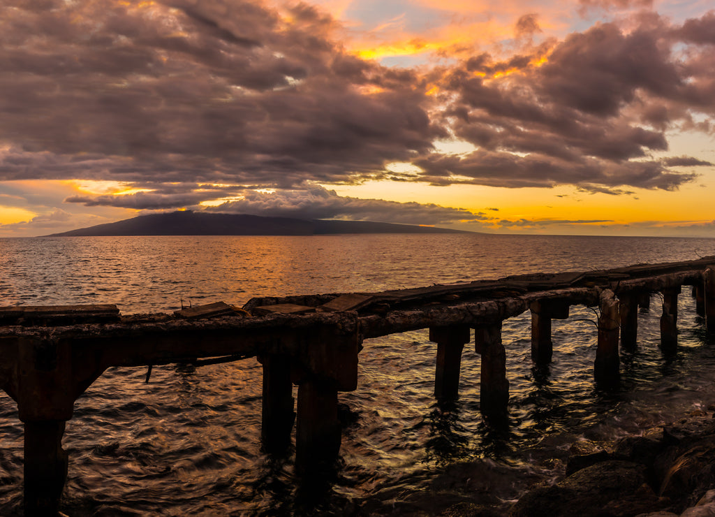 Sunset Over Lanai and The Historic Mala Wharf, Lahaina, Maui, Hawaii, USA