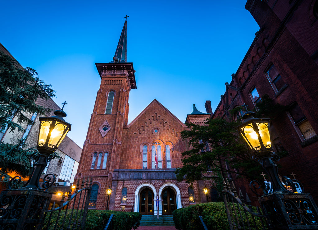 The Trinity United Church of Christ at twilight in York, Pennsylvania