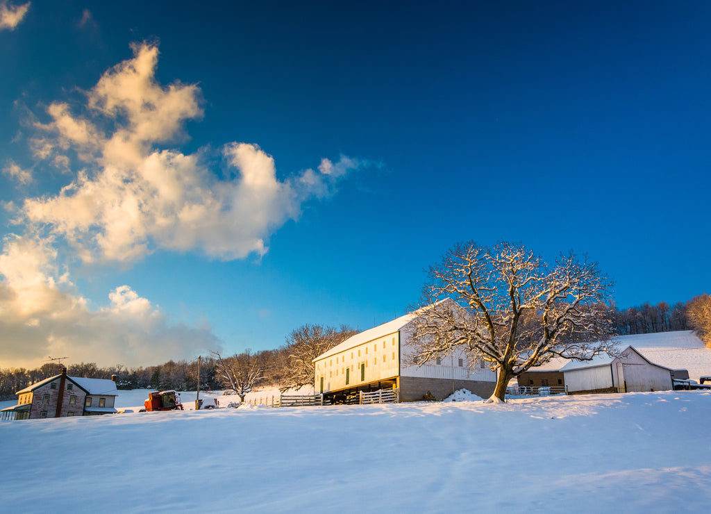 Snow on a farm in rural York County, Pennsylvania