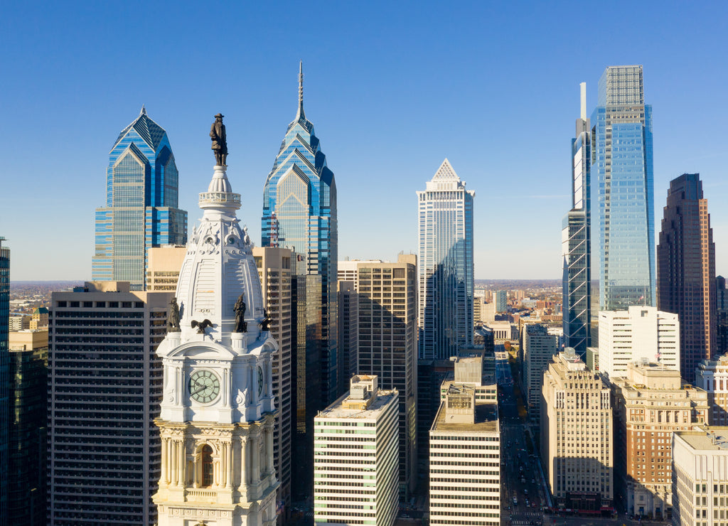 Urban Core City Center Tall Buildings Downtown Philadelphia Pennsylvania