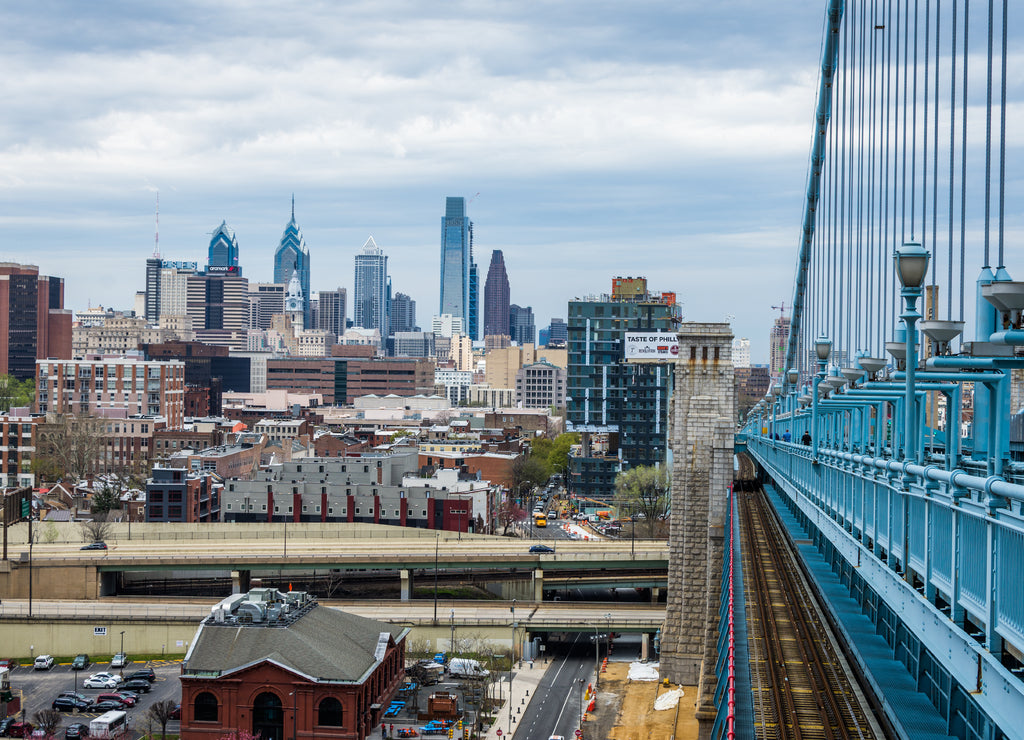 Skyline of downtown philadelphia, pennsylvania from Benjamin Franklin bridge in spring