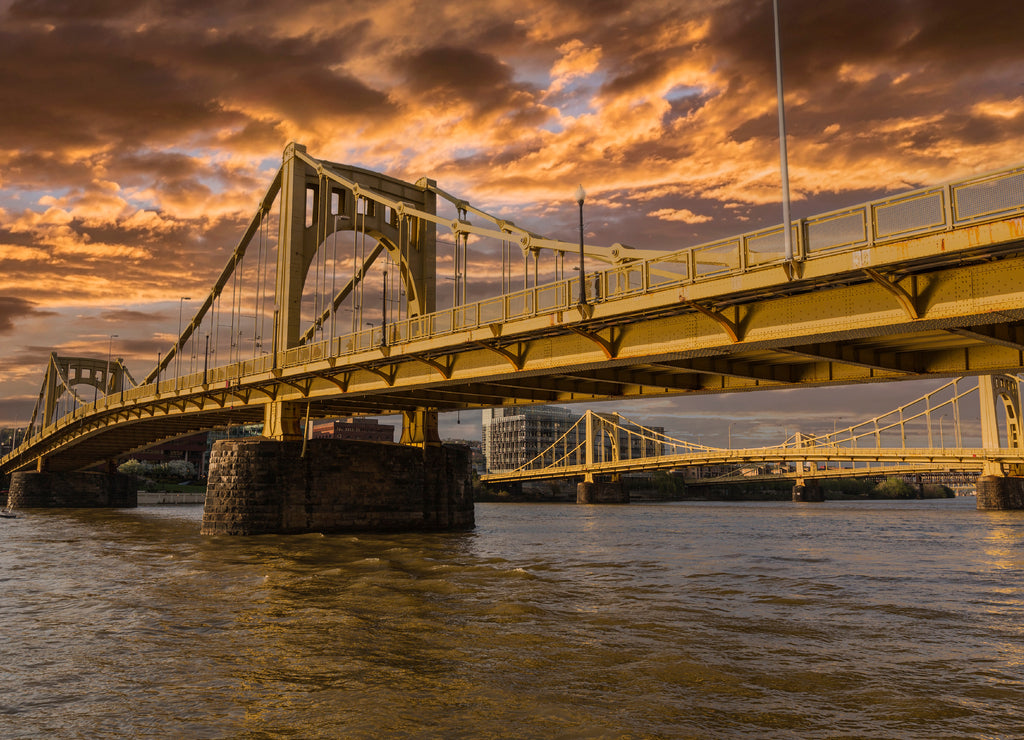 Sunset view of downtown bridges and the Allegheny River in Pittsburgh, Pennsylvania