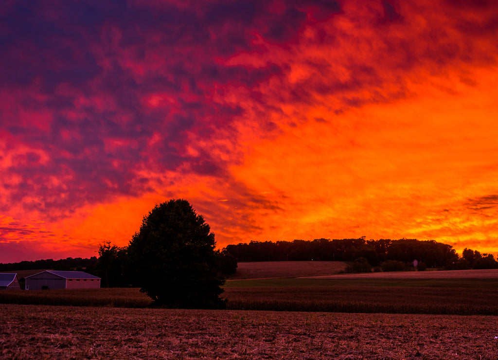 Sunset over a farm in rural York County, Pennsylvania