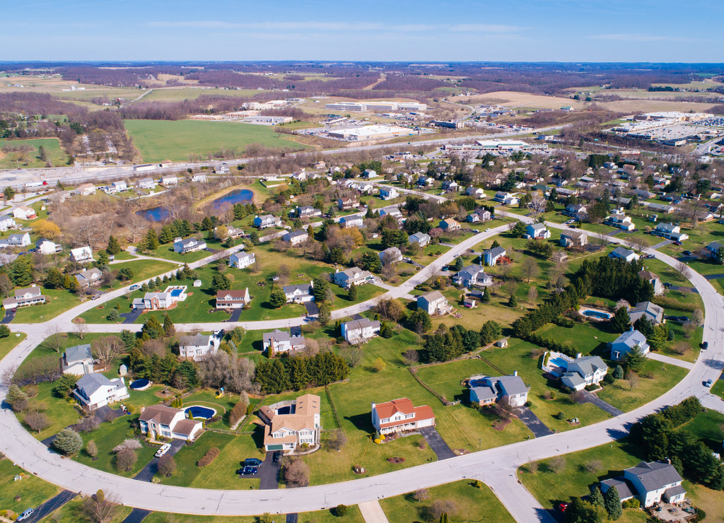 Aerial view of suburban housing developments in Shrewsbury, Pennsylvania
