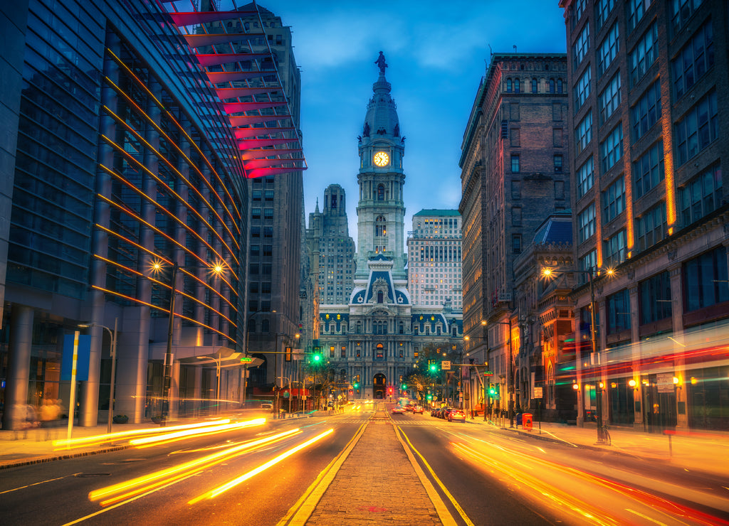 Philadelphia's historic City Hall at dusk