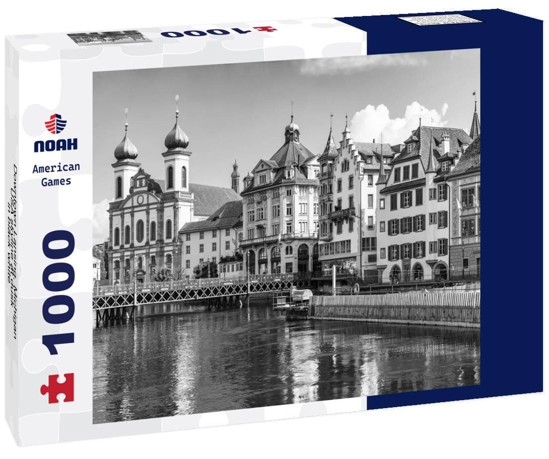 Noah Jigsaw Puzzle Downtown Lansing, Michigan, USA skyline at dusk in black white 1000 pieces