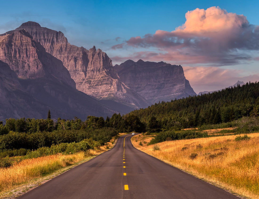 Noah Jigsaw Puzzle Beautiful View of Scenic Highway with American Rocky Mountain Landscape in the background. Colorful Summer Sunrise Sky. Taken in St Mary, Montana, United States 1000 pieces