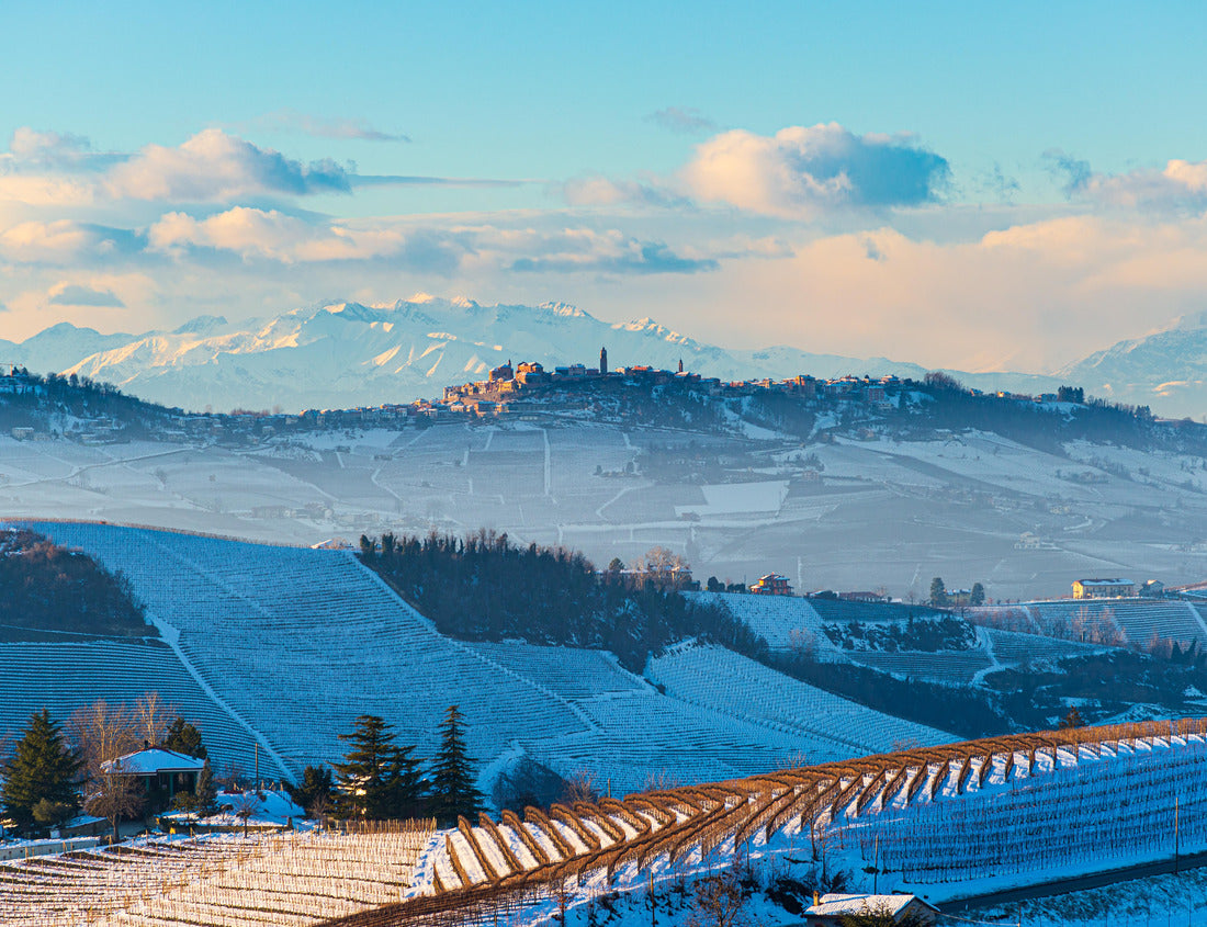 Noah Jigsaw Puzzle Italy Piedmont: Barolo vineyards unique landscape winter sunset, La Morra medieval village hilltop castle, Alps snow-capped mountains background, Italian heritage winemaking 1000 pieces