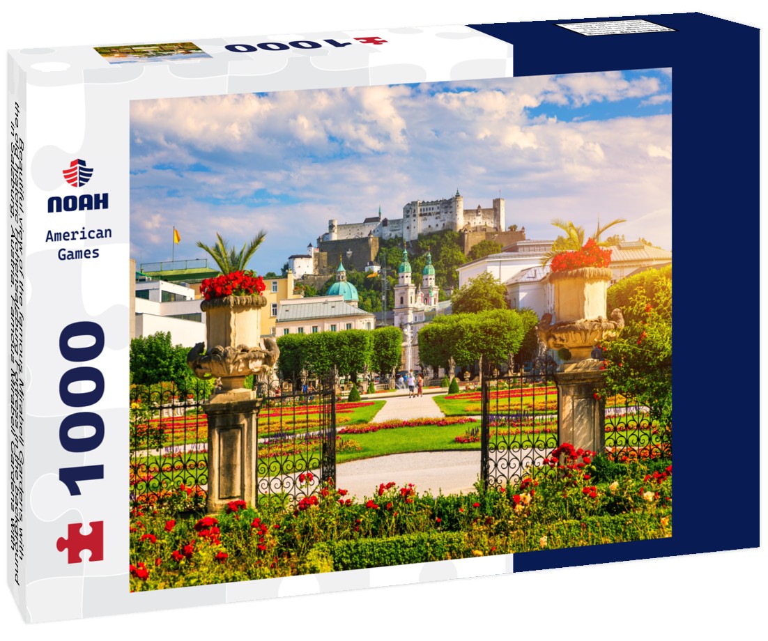 Noah Jigsaw Puzzle Beautiful view of the famous Mirabell Gardens with the old historic Hohensalzburg Fortress in the background in Salzburg, Austria. Famous Mirabell Gardens with historic fortress in Salzburg, Austria 1000 pieces