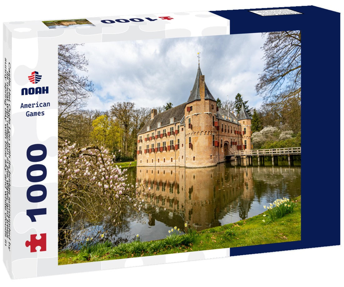 Noah Jigsaw Puzzle Castle Het Oude Loo with its bridge surrounded by its moat with reflection in the water and trees, sunny spring day with blue sky and white clouds in Paleispark Kroondomein, Apeldoorn, Netherlands 1000 pieces
