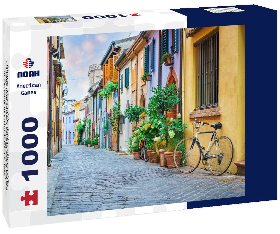 Noah Jigsaw Puzzle Narrow street of the fishing village of San Giuliano with colorful houses and a bicycle in the early morning in Rimini, Italy 1000 pieces