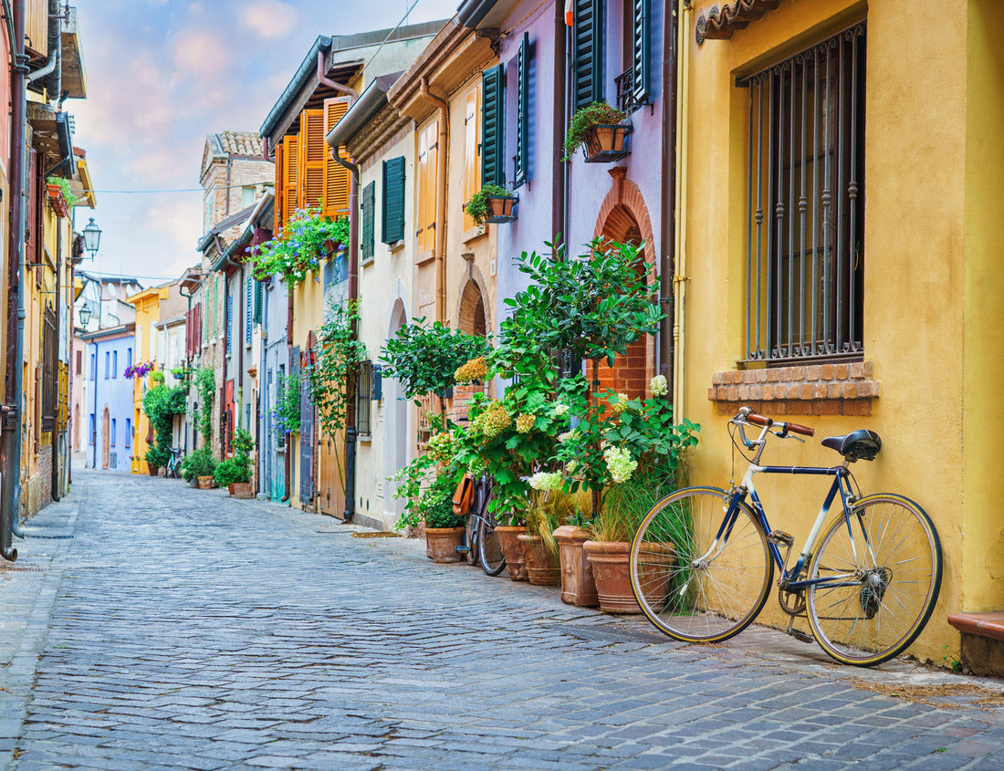 Noah Jigsaw Puzzle Narrow street of the fishing village of San Giuliano with colorful houses and a bicycle in the early morning in Rimini, Italy 1000 pieces