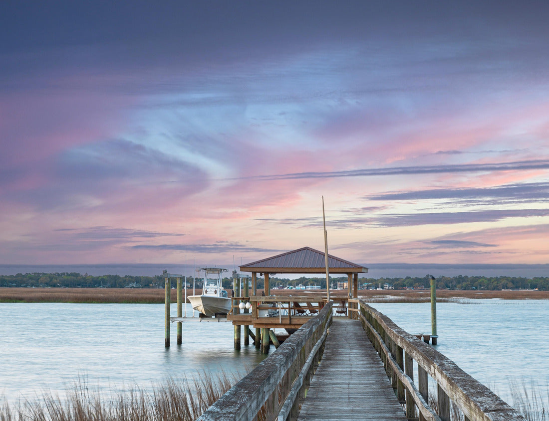 Noah Jigsaw Puzzle Dockside view of boathouse walking on dock with pink sky in Beaufort, South Carolina 1000 pieces