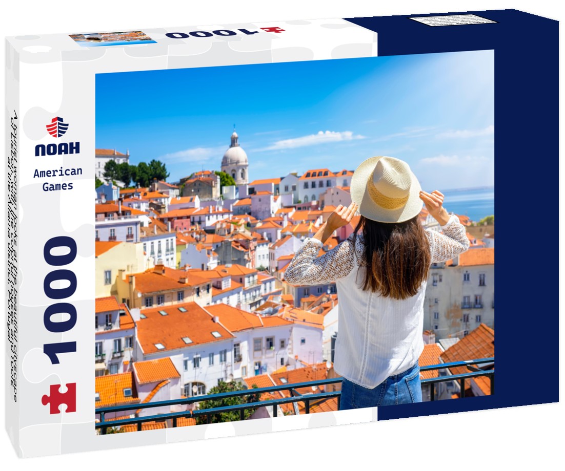 Noah Jigsaw Puzzle A tourist woman looks at the beautiful cityscape of Lisbon, with the colorful houses and roofs at the Alfama district, Portugal 1000 pieces