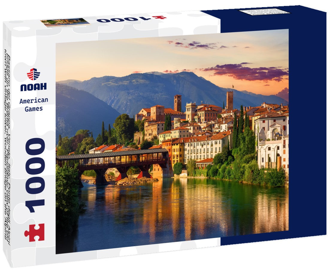Noah Jigsaw Puzzle Bassano del Grappa, Veneto, Italy. Ponte degli Alpini bridge on the Brenta river. Panoramic view of the old town with vintage tower, wooden bridge on the Alpine mountains, picturesque sunset landscape 1000 pieces
