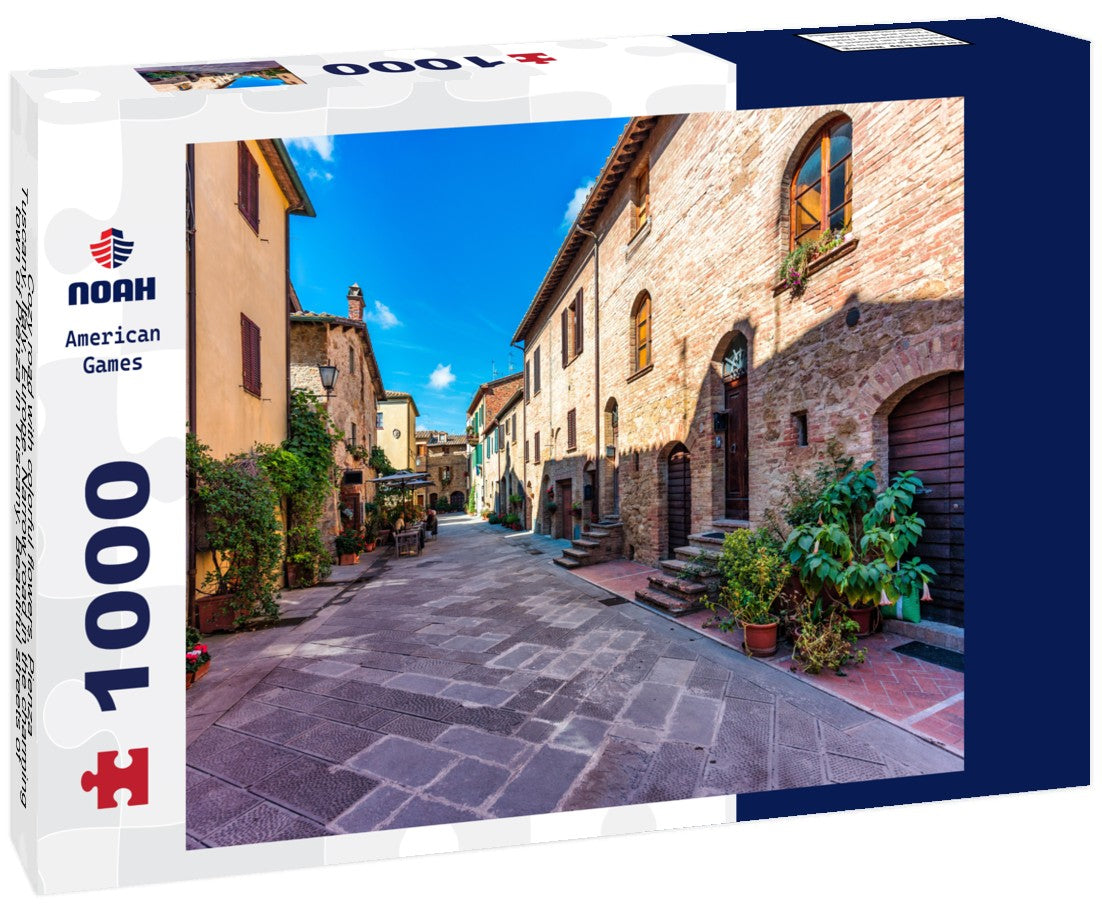 Noah Jigsaw Puzzle Cozy road with colorful flowers, Pienza, Tuscany, Italy, Europe. Narrow road in the charming town of Pienza in Tuscany. Beautiful streets of the small and historic village of Pienza, Italy 1000 pieces