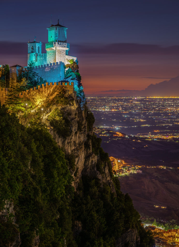 Amazing sunset view of Mount Titano and Guaita tower at Republic of San Marino