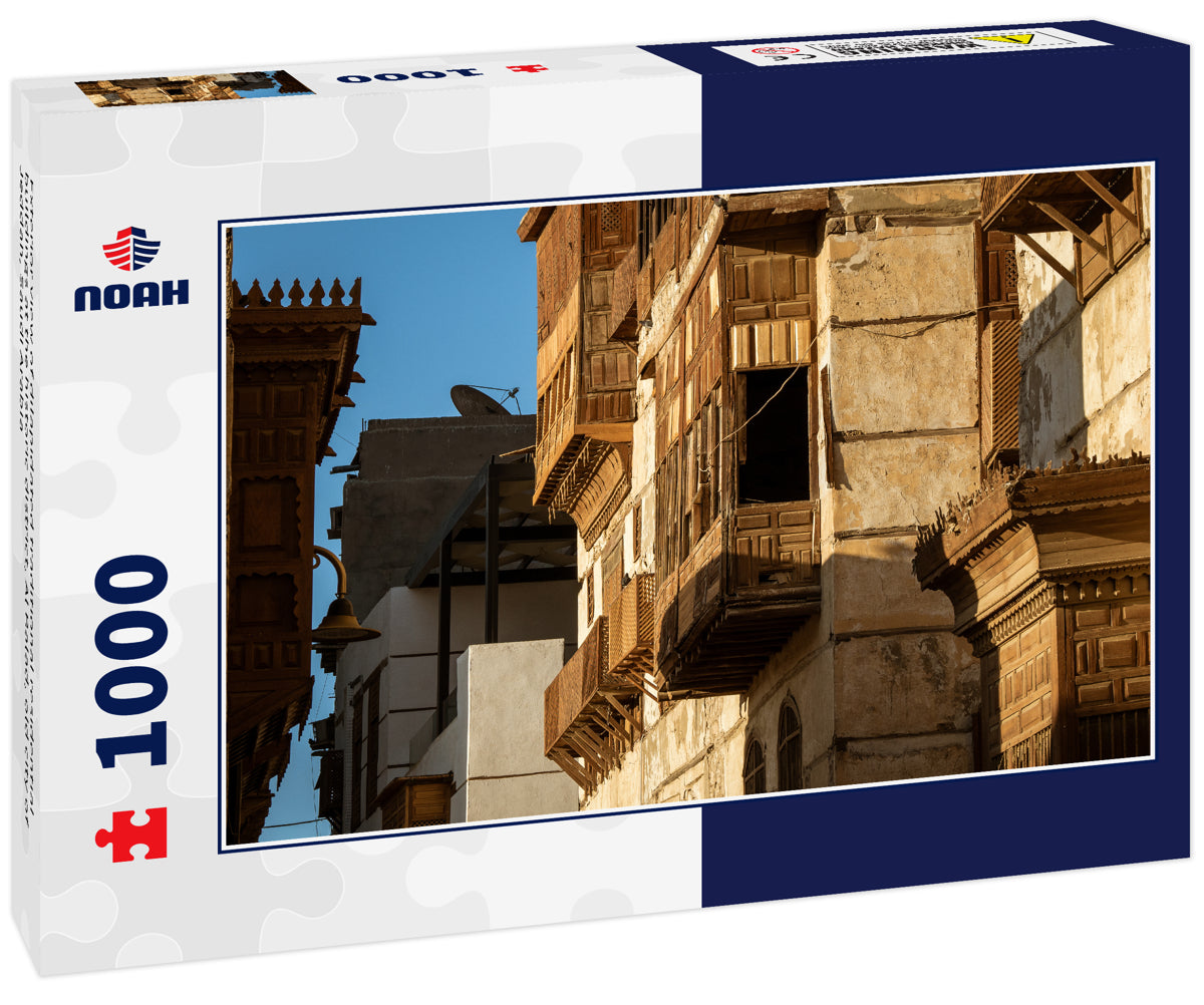 Exterior view of dilapidated traditional residential buildings at the historic district, Al Balad, old city of Jeddah, Saudi Arabia