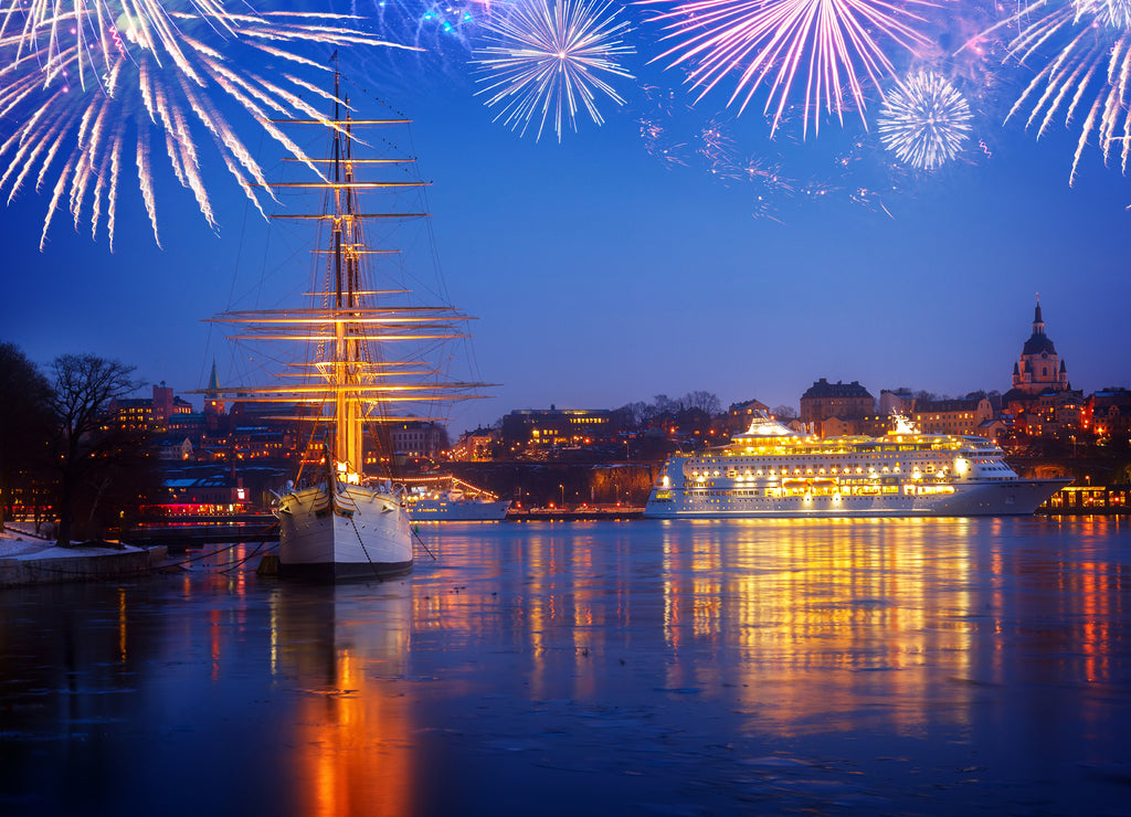 night skyline of the Skeppsholmen and Sodermalm in Stockholm with fiewworks, Sweden