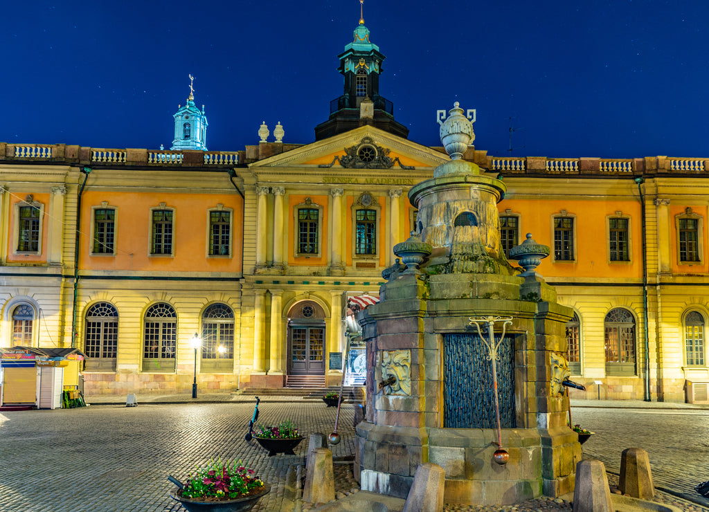 Night view of the Svenska Akademien building which hosts the Nobel museum in Stockholm, Sweden