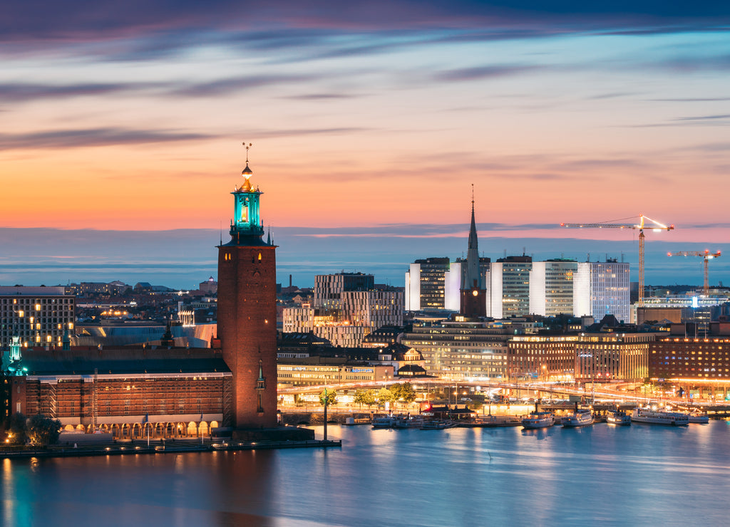 Stockholm, Sweden. Scenic Skyline View Of Famous Tower Of Stockholm City Hall And St. Clara Or Saint Klara Church