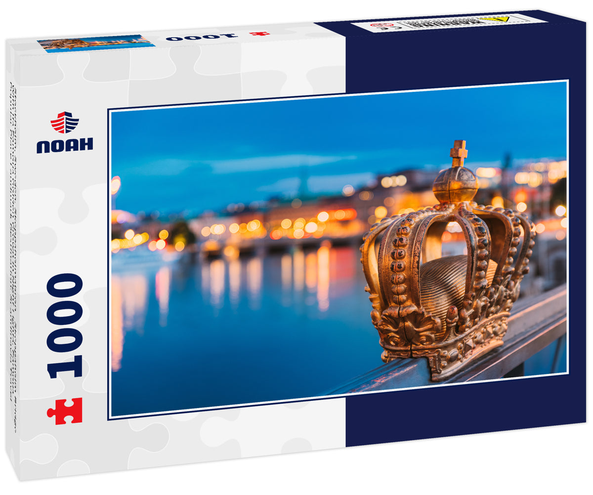 Stockholm, Sweden. Skeppsholmsbron - Skeppsholm Bridge With Its Famous Golden Crown In Night Lights. Famous Popular Place Landmark Destination. Scandinavia Travel