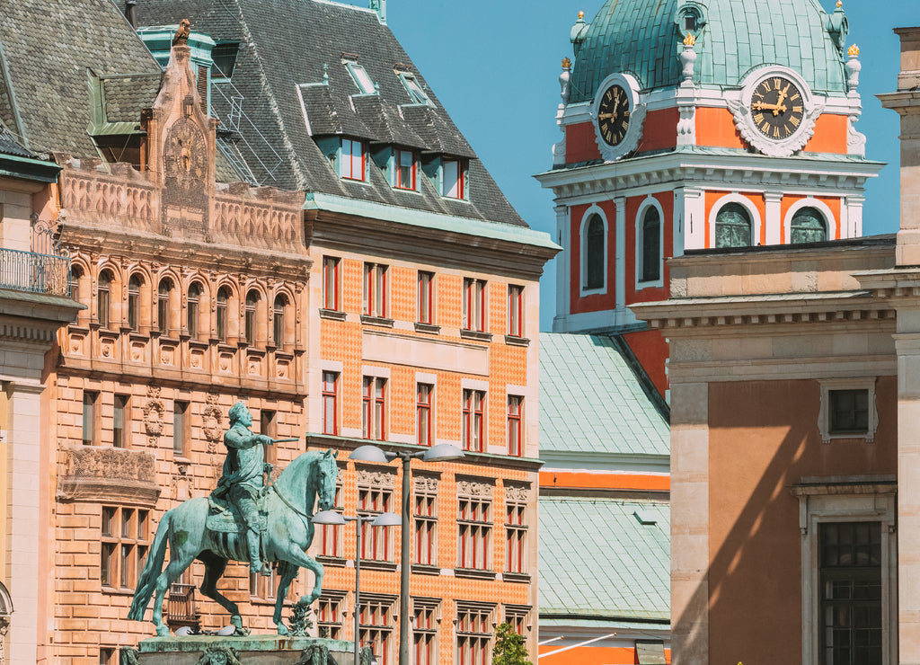 Stockholm, Sweden. Statue Of Former Swedish King Karl XIV Johan Sitting On A Horse Royal Palace