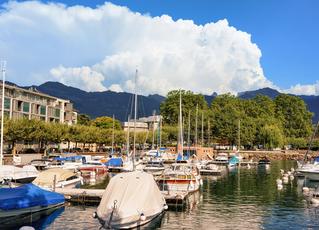 Boats at marina on Geneva Lake Vevey