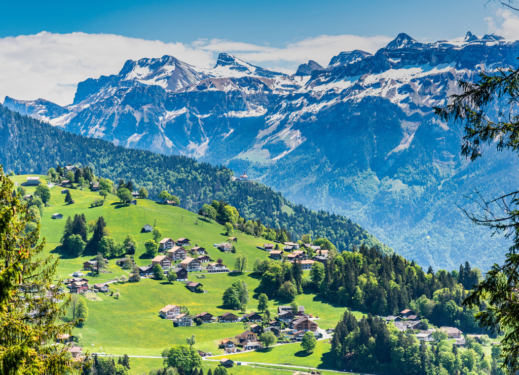 Switzerland, Beatenberg village and Alps view