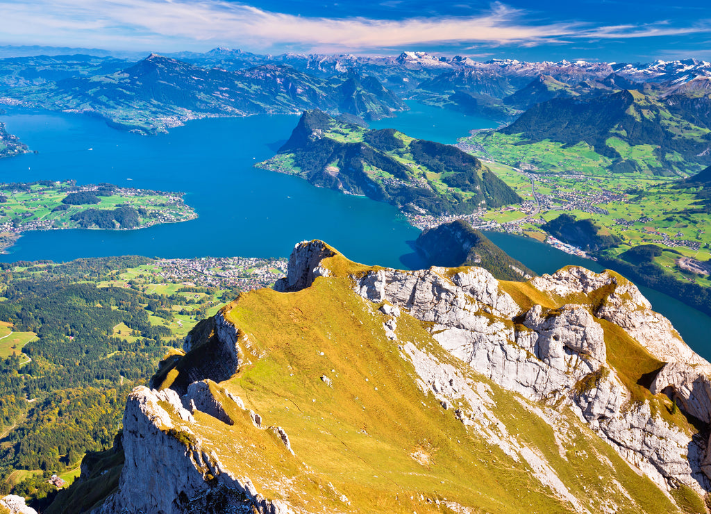 Lake Luzern and Alps mountain peaks aerial view from Mount Pilatus