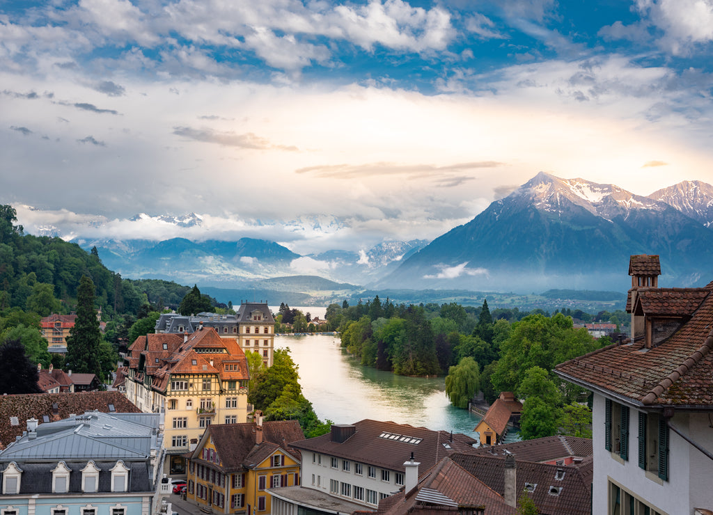 View from Thun Castle with the river Aare and Lake Thun