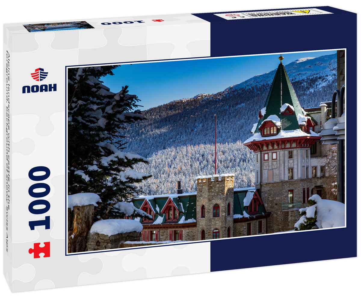 Alpine landscape with castle in the foreground, background of snowy Swiss Alps