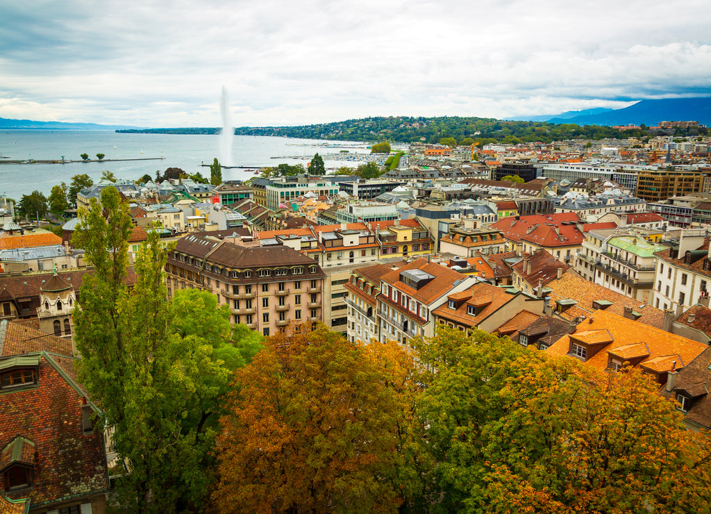 Geneva, Switzerland: city and lake view seen from St. Peter's Cathedral tower