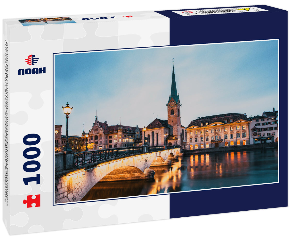 Scenic view of historic Zurich city center with famous Fraumunster and Grossmunster Churches and river Limmat at Lake Zurich, Canton of Zurich, Switzerland