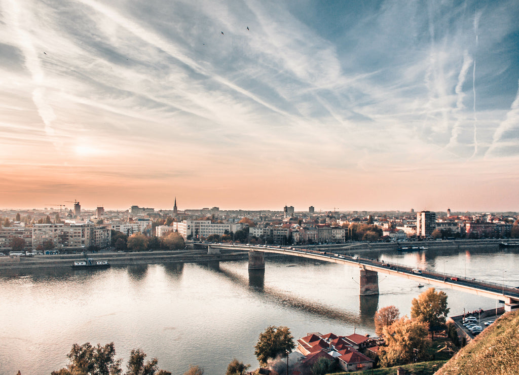 Panorama of Novi Sad from Petrovaradin fortress, bridge in the Danube on a beautiful sunny day