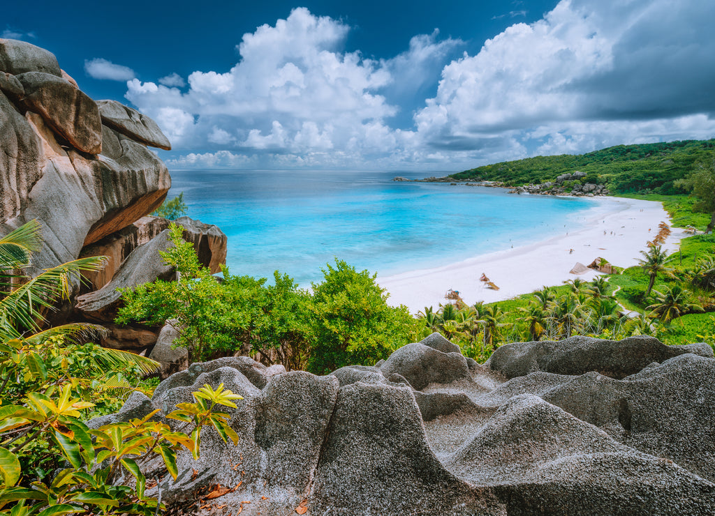 Grand Anse beach from view point. La Digue island, Seychelles
