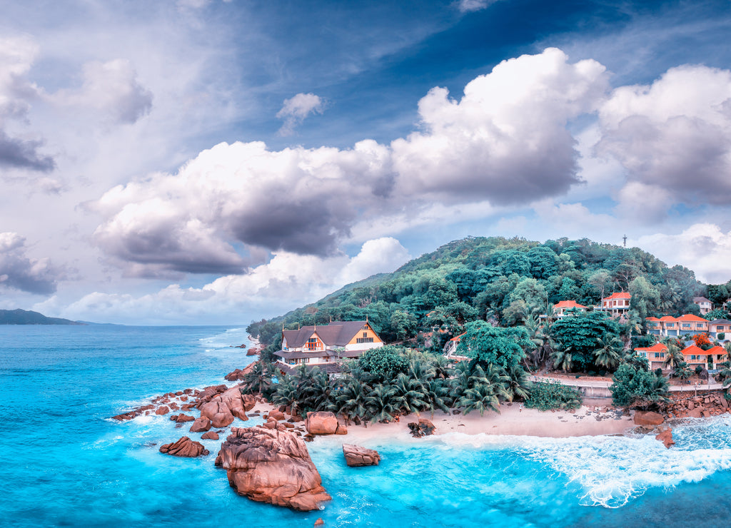 La Digue, Seychelles. Aerial view of Anse Patates at sunset
