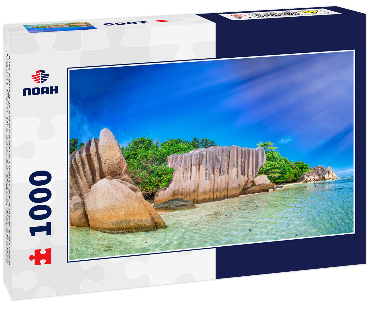 Amazing panoramic view of Anse Source Argent from the sea. La Digue, Seychelles