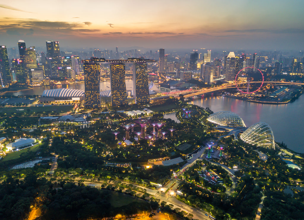 Aerial view of the Singapore landmark financial business district at twilight sunset scene with skyscraper and beautiful sky. Singapore downtown
