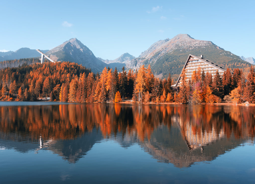 Panorama of mountain lake Strbske pleso (Strbske lake) in autumn time. High Tatras national park, Slovakia