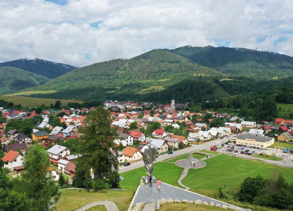 Aerial view of the statue of Janosik in the village of Terchova in Slovakia
