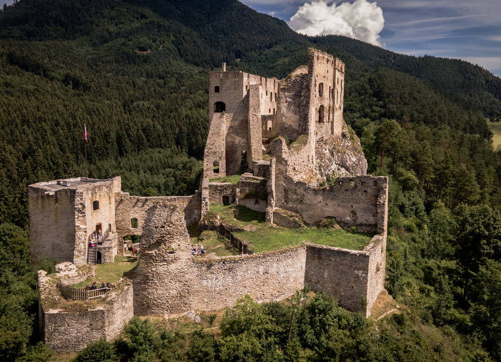 Aerial view of Likava castle in Likavka village in Slovakia