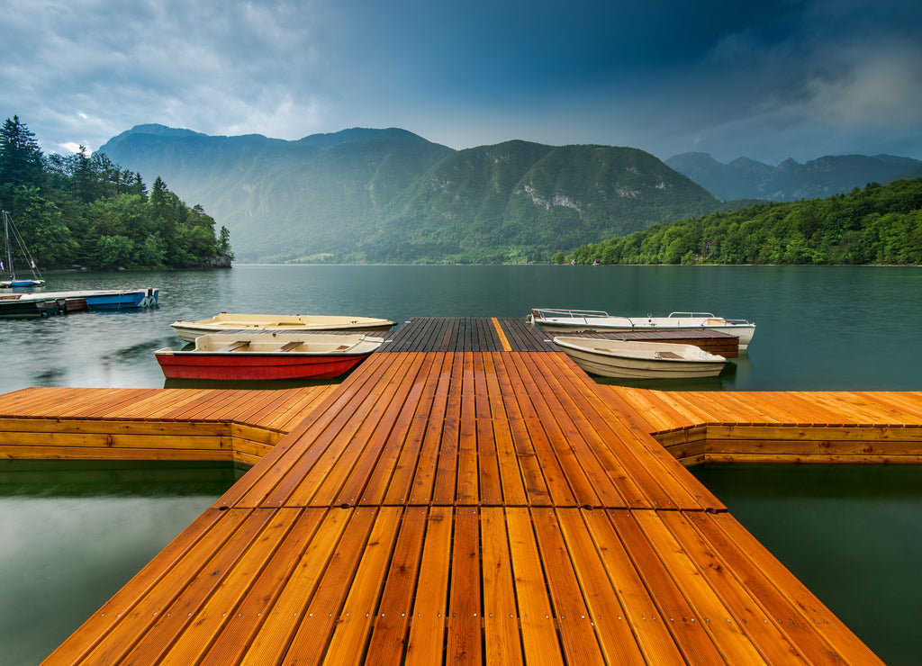 Colorful and artistic wooden pier at Bohinj Lake, Slovenia